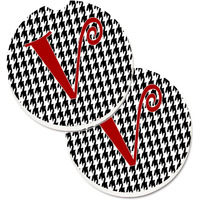 "Caroline's Treasures Monogram Initial V Houndstooth black Set of 2 Cup Holder Car Coasters CJ1035-VCARC, 2.56, Multicolor"