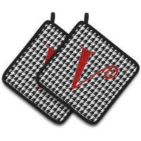 "Caroline's Treasures Monogram Initial V Houndstooth black Pair of Pot Holders CJ1035-VPTHD, 7.5HX7.5W, Multicolor"