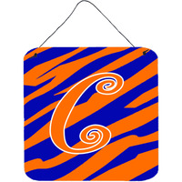 "Caroline's Treasures Letter C Initial Tiger Stripe Blue and Orange Wall or Door Hanging Prints, 6 x 6"", Multicolor"