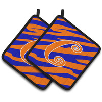 "Caroline's Treasures Monogram Initial C Tiger Stripe Blue & Orange Pair of Pot Holders CJ1036-CPTHD, 7.5HX7.5W, Multicolor"