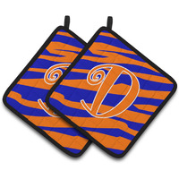 "Caroline's Treasures Monogram Initial D Tiger Stripe Blue & Orange Pair of Pot Holders CJ1036-DPTHD, 7.5HX7.5W, Multicolor"