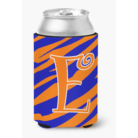 Letter E Initial Monogram - Tiger Stripe Blue and Orange Can Beverage Insulator Hugger