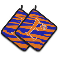 "Caroline's Treasures Monogram Initial E Tiger Stripe Blue & Orange Pair of Pot Holders CJ1036-EPTHD, 7.5HX7.5W, Multicolor"