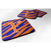 "Caroline's Treasures CJ1036-FFC Monogram-Tiger Stripe Blue and Orange Foam Coasters (Set of 4), Initial Letter F, 3.5"" H x 3.5"" W, Multicolor"