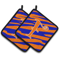 "Caroline's Treasures Monogram Initial F Tiger Stripe Blue & Orange Pair of Pot Holders CJ1036-FPTHD, 7.5HX7.5W, Multicolor"