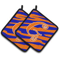 "Caroline's Treasures Monogram Initial G Tiger Stripe Blue & Orange Pair of Pot Holders CJ1036-GPTHD, 7.5HX7.5W, Multicolor"