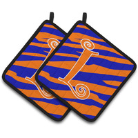 "Caroline's Treasures Monogram Initial L Tiger Stripe Blue & Orange Pair of Pot Holders CJ1036-LPTHD, 7.5HX7.5W, Multicolor"