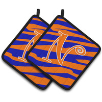 "Caroline's Treasures Monogram Initial N Tiger Stripe Blue & Orange Pair of Pot Holders CJ1036-NPTHD, 7.5HX7.5W, Multicolor"