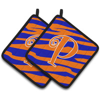 "Caroline's Treasures Monogram Initial P Tiger Stripe Blue & Orange Pair of Pot Holders CJ1036-PPTHD, 7.5HX7.5W, Multicolor"