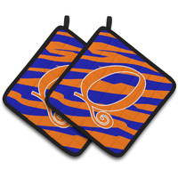 "Caroline's Treasures Monogram Initial Q Tiger Stripe Blue & Orange Pair of Pot Holders CJ1036-QPTHD, 7.5HX7.5W, Multicolor"
