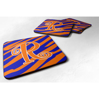 "Caroline's Treasures CJ1036-RFC Monogram-Tiger Stripe Blue and Orange Foam Coasters (Set of 4), Initial Letter R, 3.5"" H x 3.5"" W, Multicolor"