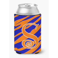 Letter S Initial Monogram - Tiger Stripe Blue and Orange Can Beverage Insulator Hugger
