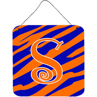 "Caroline's Treasures Letter S Initial Tiger Stripe Blue and Orange Wall or Door Hanging Prints, 6 x 6"", Multicolor"