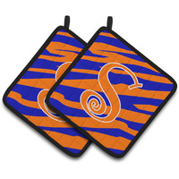"Caroline's Treasures Monogram Initial S Tiger Stripe Blue & Orange Pair of Pot Holders CJ1036-SPTHD, 7.5HX7.5W, Multicolor"