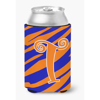 Letter T Initial Monogram - Tiger Stripe Blue and Orange Can Beverage Insulator Hugger