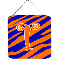 "Caroline's Treasures Letter T Initial Tiger Stripe Blue and Orange Wall or Door Hanging Prints, 6 x 6"", Multicolor"