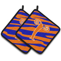 "Caroline's Treasures Monogram Initial T Tiger Stripe Blue & Orange Pair of Pot Holders CJ1036-TPTHD, 7.5HX7.5W, Multicolor"