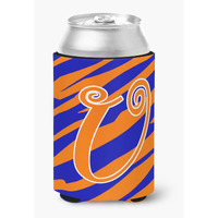 Letter U Initial Monogram - Tiger Stripe Blue and Orange Can Beverage Insulator Hugger