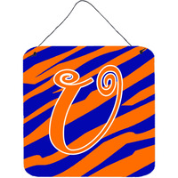 "Caroline's Treasures Letter U Initial Tiger Stripe Blue and Orange Wall or Door Hanging Prints, 6 x 6"", Multicolor"