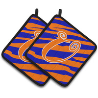 "Caroline's Treasures Monogram Initial U Tiger Stripe Blue & Orange Pair of Pot Holders CJ1036-UPTHD, 7.5HX7.5W, Multicolor"