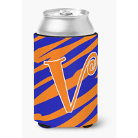 Letter V Initial Monogram - Tiger Stripe Blue and Orange Can Beverage Insulator Hugger
