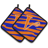 "Caroline's Treasures Monogram Initial V Tiger Stripe Blue & Orange Pair of Pot Holders CJ1036-VPTHD, 7.5HX7.5W, Multicolor"
