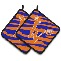 "Caroline's Treasures Monogram Initial W Tiger Stripe Blue & Orange Pair of Pot Holders CJ1036-WPTHD, 7.5HX7.5W, Multicolor"