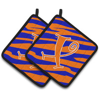 "Caroline's Treasures Monogram Initial x Tiger Stripe Blue & Orange Pair of Pot Holders CJ1036-XPTHD, 7.5HX7.5W, Multicolor"