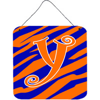 "Caroline's Treasures Letter Y Initial Tiger Stripe Blue and Orange Wall or Door Hanging Prints, 6 x 6"", Multicolor"