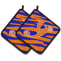 "Caroline's Treasures Monogram Initial Y Tiger Stripe Blue & Orange Pair of Pot Holders CJ1036-YPTHD, 7.5HX7.5W, Multicolor"