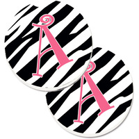 "Caroline's Treasures Letter A Monogram - Zebra Stripe & Pink Set of 2 Cup Holder Car Coasters CJ1037-ACARC, 2.56, Multicolor"