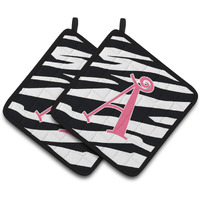 "Caroline's Treasures Letter A Monogram - Zebra Stripe & Pink Pair of Pot Holders CJ1037-APTHD, 7.5HX7.5W, Multicolor"