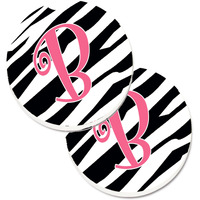 "Caroline's Treasures Monogram Initial B Zebra Stripe & Pink Set of 2 Cup Holder Car Coasters CJ1037-BCARC, 2.56, Multicolor"