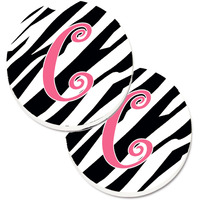 "Caroline's Treasures Monogram Initial C Zebra Stripe & Pink Set of 2 Cup Holder Car Coasters CJ1037-CCARC, 2.56, Multicolor"