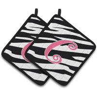 "Caroline's Treasures Monogram Initial C Zebra Stripe & Pink Pair of Pot Holders CJ1037-CPTHD, 7.5HX7.5W, Multicolor"