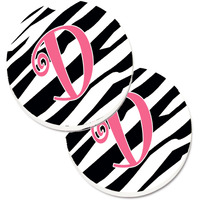 "Caroline's Treasures Monogram Initial D Zebra Stripe & Pink Set of 2 Cup Holder Car Coasters CJ1037-DCARC, 2.56, Multicolor"