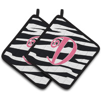 "Caroline's Treasures Monogram Initial D Zebra Stripe & Pink Pair of Pot Holders CJ1037-DPTHD, 7.5HX7.5W, Multicolor"
