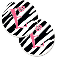 "Caroline's Treasures Monogram Initial E Zebra Stripe & Pink Set of 2 Cup Holder Car Coasters CJ1037-ECARC, 2.56, Multicolor"
