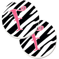 "Caroline's Treasures Monogram Initial F Zebra Stripe & Pink Set of 2 Cup Holder Car Coasters CJ1037-FCARC, 2.56, Multicolor"