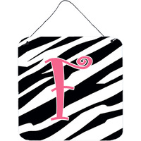 "Caroline's Treasures Letter F Initial Zebra Stripe and Pink Wall or Door Hanging Prints, 6 x 6"", Multicolor"