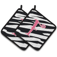 "Caroline's Treasures Monogram Initial F Zebra Stripe & Pink Pair of Pot Holders CJ1037-FPTHD, 7.5HX7.5W, Multicolor"
