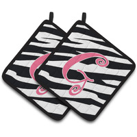 "Caroline's Treasures Monogram Initial G Zebra Stripe & Pink Pair of Pot Holders CJ1037-GPTHD, 7.5HX7.5W, Multicolor"