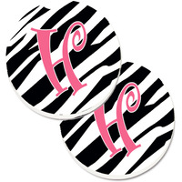 "Caroline's Treasures Monogram Initial H Zebra Stripe & Pink Set of 2 Cup Holder Car Coasters CJ1037-HCARC, 2.56, Multicolor"