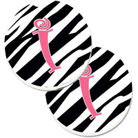 "Caroline's Treasures Monogram Initial I Zebra Stripe & Pink Set of 2 Cup Holder Car Coasters CJ1037-ICARC, 2.56, Multicolor"