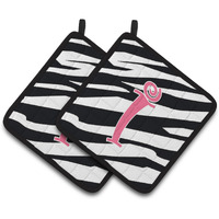 "Caroline's Treasures Monogram Initial I Zebra Stripe & Pink Pair of Pot Holders CJ1037-IPTHD, 7.5HX7.5W, Multicolor"