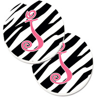 "Caroline's Treasures Monogram Initial J Zebra Stripe & Pink Set of 2 Cup Holder Car Coasters CJ1037-JCARC, 2.56, Multicolor"