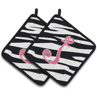 "Caroline's Treasures Monogram Initial J Zebra Stripe & Pink Pair of Pot Holders CJ1037-JPTHD, 7.5HX7.5W, Multicolor"