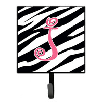 "Caroline's Treasures CJ1037-JSH4 Letter J Initial Monogram-Zebra Stripe and Pink Leash Holder or Key Hook, Small, Multicolor"