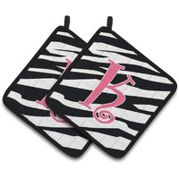 "Caroline's Treasures Monogram Initial K Zebra Stripe & Pink Pair of Pot Holders CJ1037-KPTHD, 7.5HX7.5W, Multicolor"