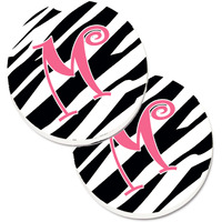 "Caroline's Treasures Monogram Initial M Zebra Stripe & Pink Set of 2 Cup Holder Car Coasters CJ1037-MCARC, 2.56, Multicolor"